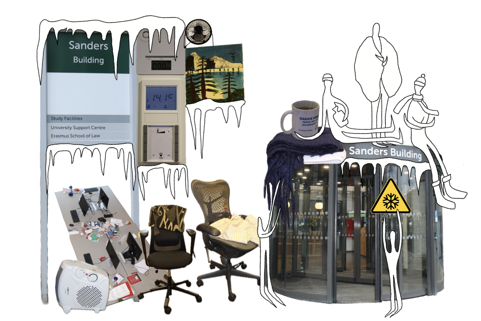 The colleague consists of photographs and illustrations of people wrapped in blankets, wearing hats and holding hot water bottles, with ice drawn along some of the edges. The revolving doors at the entrance to the Sanders Building can be seen in a photograph. A heater can be seen, as well as office chairs covered with blankets and jumpers.