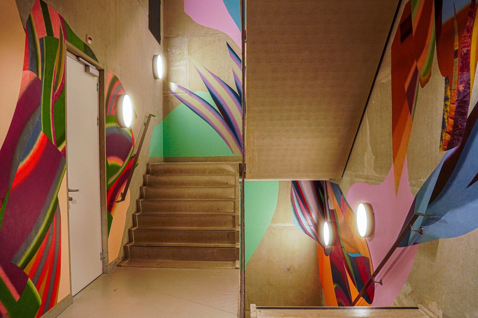 The mural is painted in the stairwell of the Langeveld building.