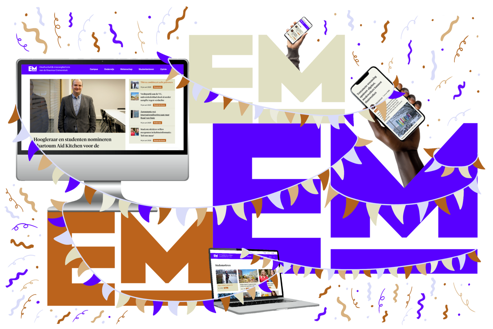 This is an illustration showing a desktop screen, a phone screen and a laptop screen. All three show the revamped Erasmus Magazine website. Between the three screens, you can see the EM logo three times, in three different colours: brown-orange, purple-blue and beige. Throughout the illustration, you can see flags and confetti in the new colours of Erasmus Magazine.