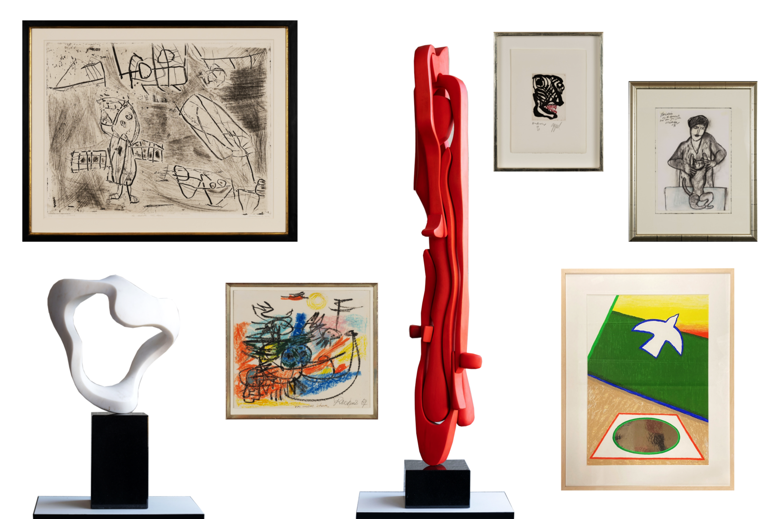 Van links naar rechts: Lucebert, Jan Verschoor, Anton Rooskens, Jan Verschoor, Karel Appel, Corneille en Roger Raveel uit de kunstcollectie van Ruud en Marga Lapré