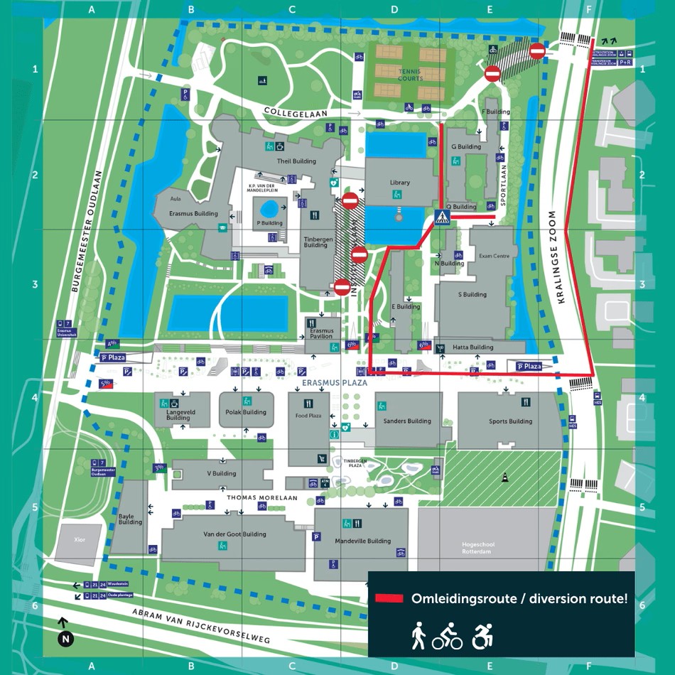 Campusplattegrond met omleiding via de Plaza, E-gebouw en Bibliotheek naar het Exam Centre.