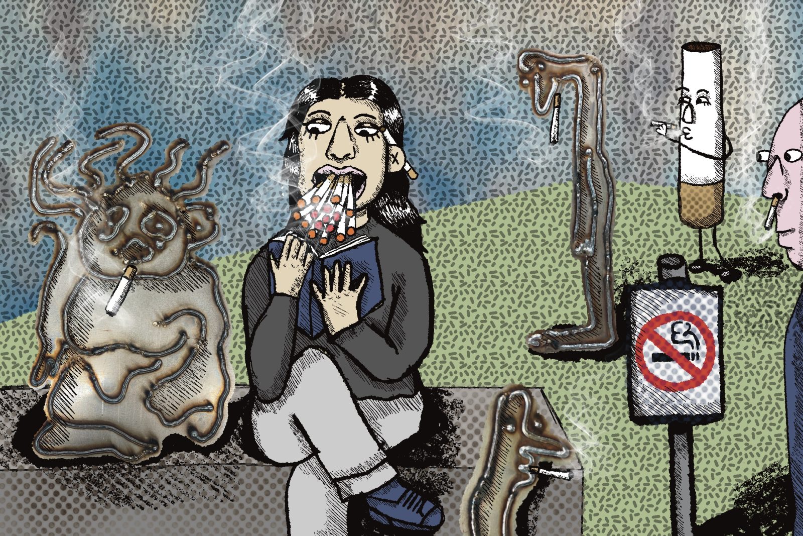 Een illustratie van verschillende mensen, en rook-achtige figuren die het niet roken-bord  massaal negeren. Op de achtergrond rookt zelfs een sigaret een sigaret.